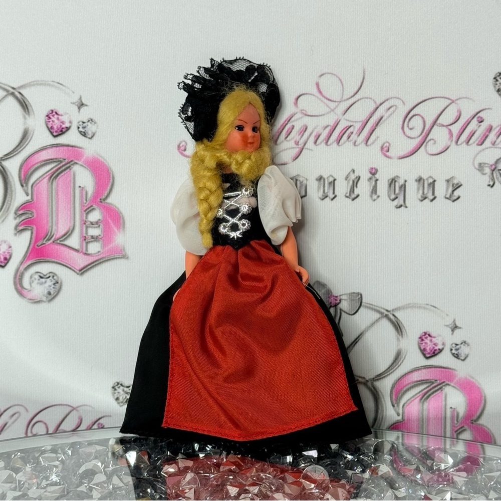 Traditional Doll 1960 Red & Black Dress Swiss vintage 60s blonde braided hair